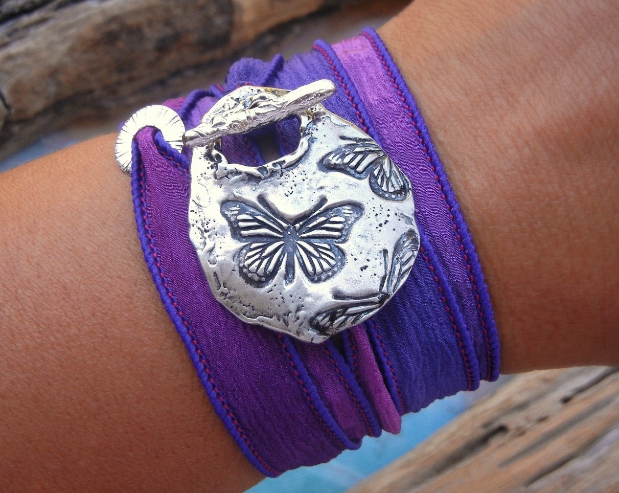 Butterflies Jewelry, Silk Ribbon Bracelet, Sterling Silver Toggle, Butterfly Bracelet, Sterling Silver Toggle Wrist Wrap, Mothers Day Gift