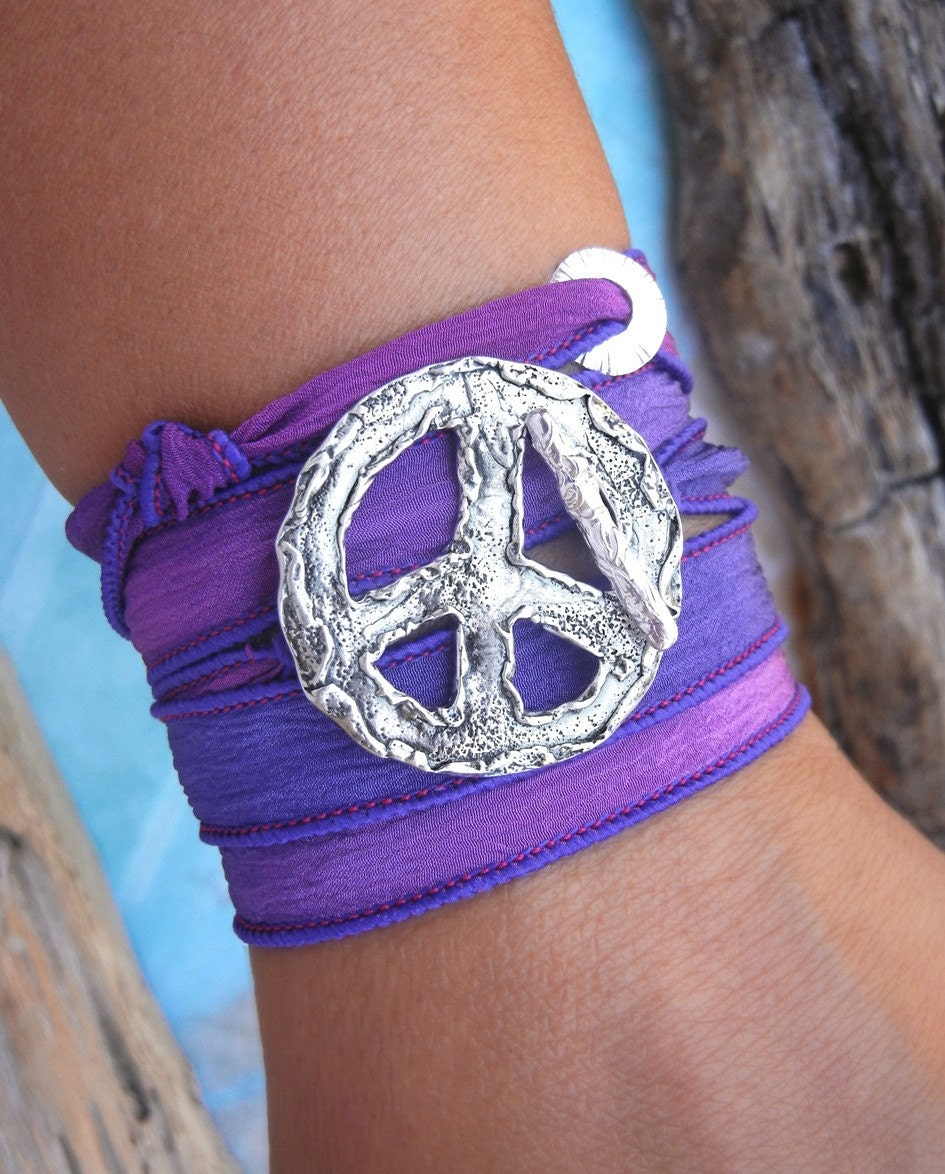Boho Jewelry, Peace Sign Boho Wrap Bracelet, STERLING Silver Handmade Jewelry, Boho Bracelet, Boho Fashion, HappyGoLicky Silk Wrap Bracelet