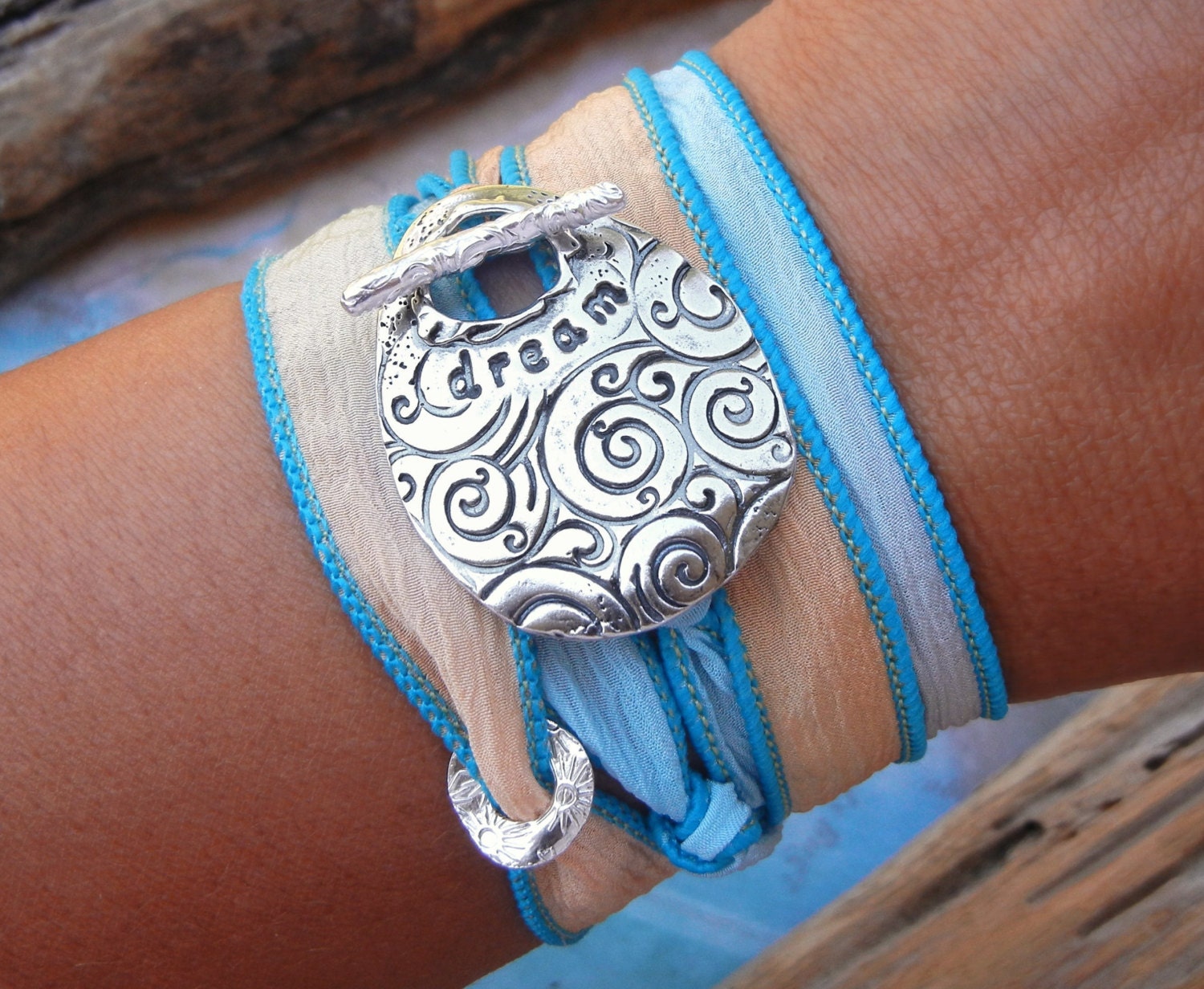 Yoga Bracelet, Yoga Jewelry, Yoga Silk Wrap Bracelet, Dream STERLING Silver Bracelet- 22 COLORS, Moss, Black, Indigo, Turquoise, Aqua, Gray