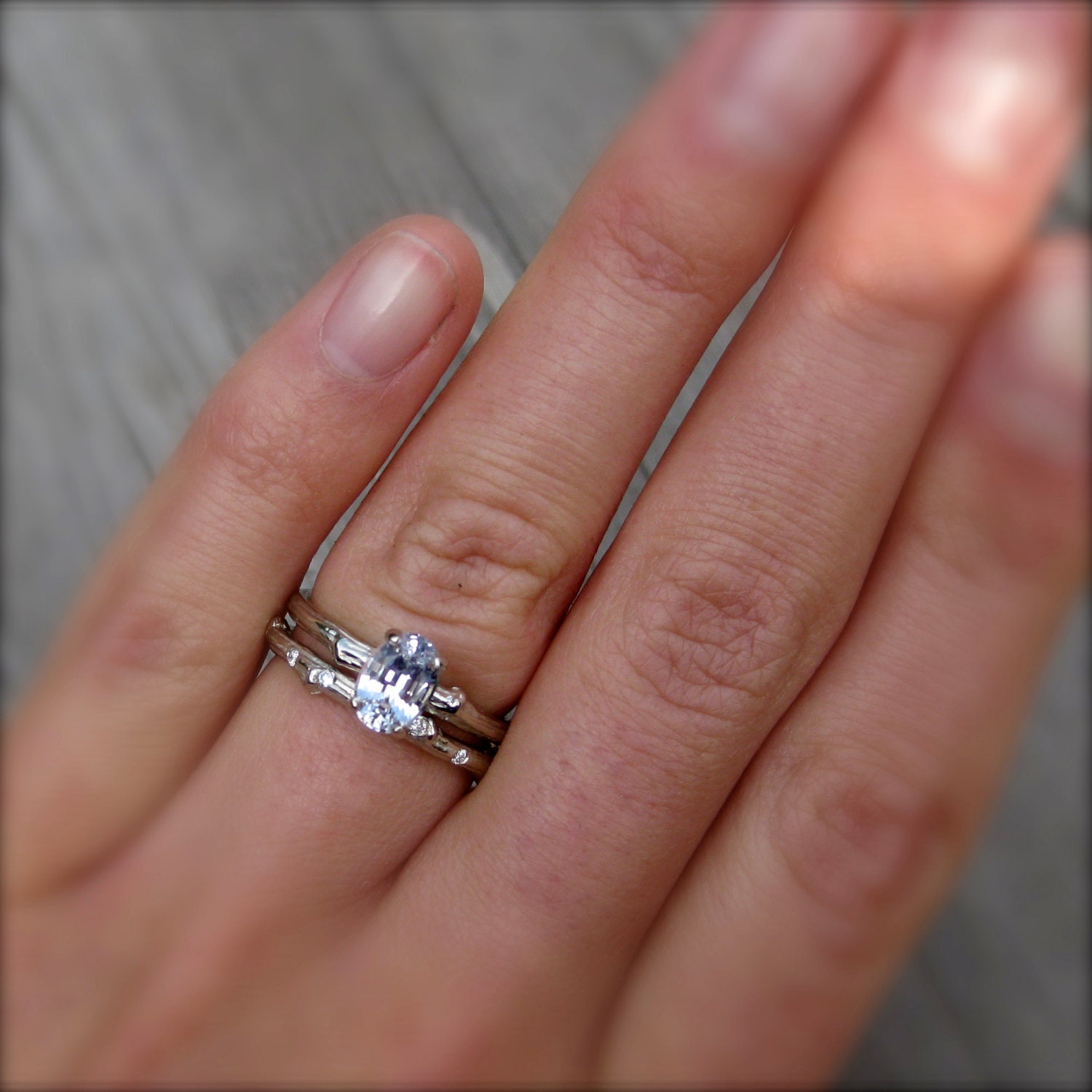 White Sapphire Twig Ring, Oval Cut in 14k White Gold