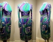1960's Iconic Silk Jersey EMILIO PUCCI Teal Purple Bold Op Art Print Cocktail Dress Vintage 60's MOD Printed Couture Designer Party Dress