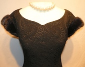 1960's Black Luxurious Jacquard Brocade CUSTOM Couture Cocktail Dress Mink Fur Vintage 50's 60's Utah Tailoring Mills MOD Party Dress