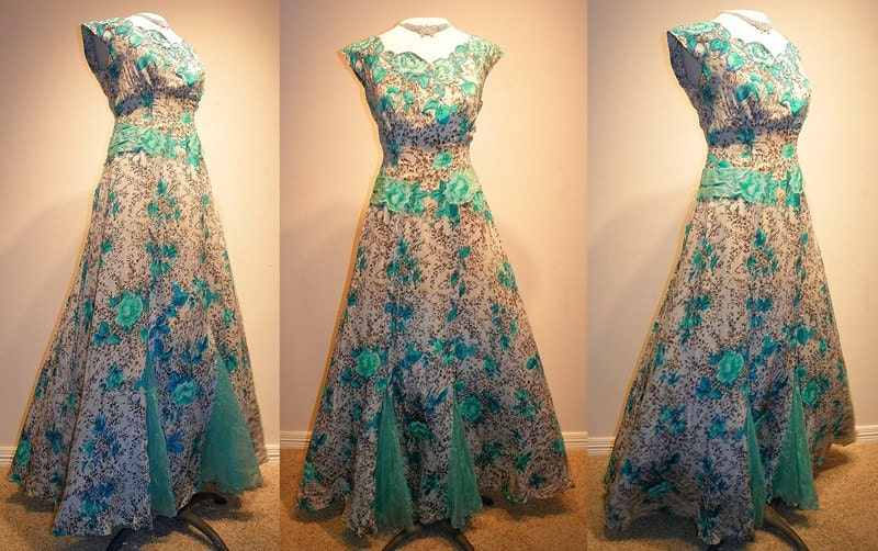 1930's Aqua ROSE Print Silk Chiffon Beaded Sequin FLORAL Bias Garden Dress Vintage 30's Couture Applique Cocktail Party Wedding Gown Dress