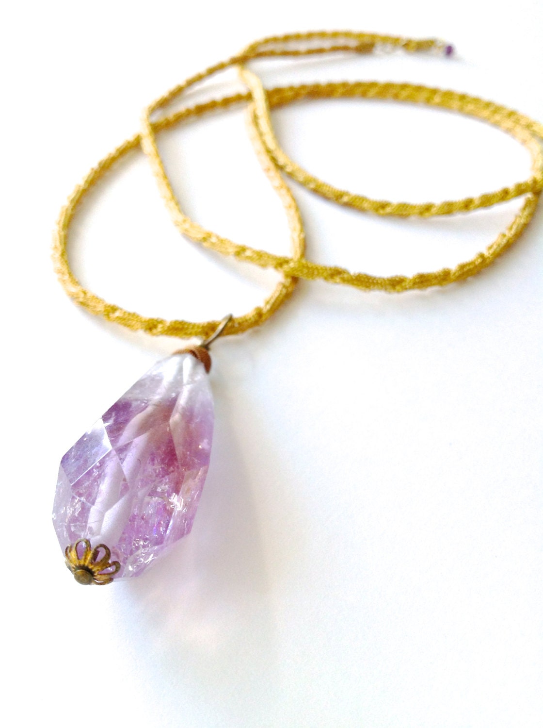 Amethyst Necklace Love Charm Extra Long Faceted Purple Gemstone Statement Necklace, Vintage Brass Rope Chain