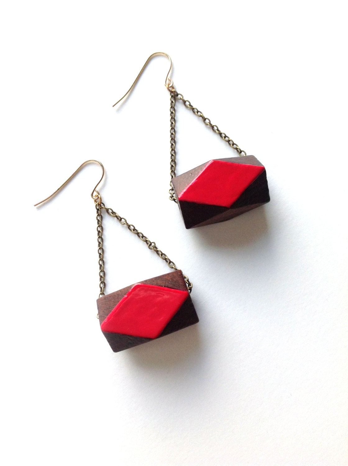Geometric Faceted Wood Bead Fashion Earrings Hot Pink Enamel Modern Simple Style
