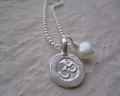Small Sterling Silver Om Charm Necklace- Freshwater Pearl, Yoga, Meditation