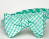 mint gingham freestyle bow tie for men