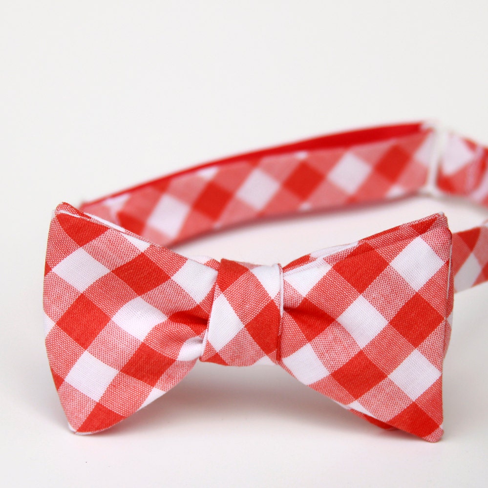red orange gingham freestyle bow tie for men