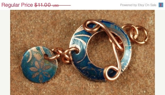 On Sale Etched Copper Metal Toggle, Sapphire Flowers 629 by CC Design