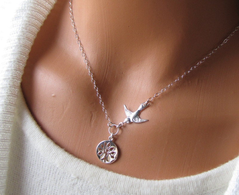 Roots To Grow Wings To Fly Tree And Bird Necklace Mother Gift For Daughter Children Wedding Sterling Silver Jewelry