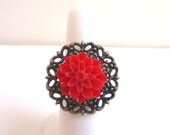 Red Flower Ring, Vintage Inspired Antique Silver Ring, Adjustable Filigree Ring, Valentine's Day Ring