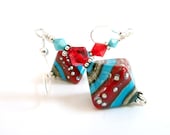 Red Turquoise Earrings, Black Aqua Glass Beaded Earrings, Handmade Lampwork Earrings, Southwestern Influence, Sterling Silver, Fiesta Time