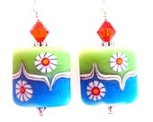 Blue Lime Glass Earrings, Orange White Glass Beaded Earrings, Handmade Lampwork Earrings, Colorful Fun Earrings, Gift for Her