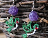 Needle Tatted Lace RUBY THROATED HUMMINGBIRD with Amethyst flower Earrings Perfect gift for Mother's Day or Bird Lovers