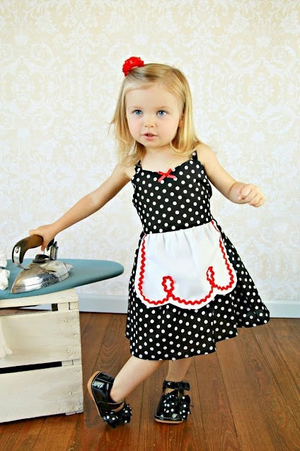 Retro Polka Dot apron dress with RED trim ROCKABILLY I Love Lucy girls toddler infant fifties style dress 50s