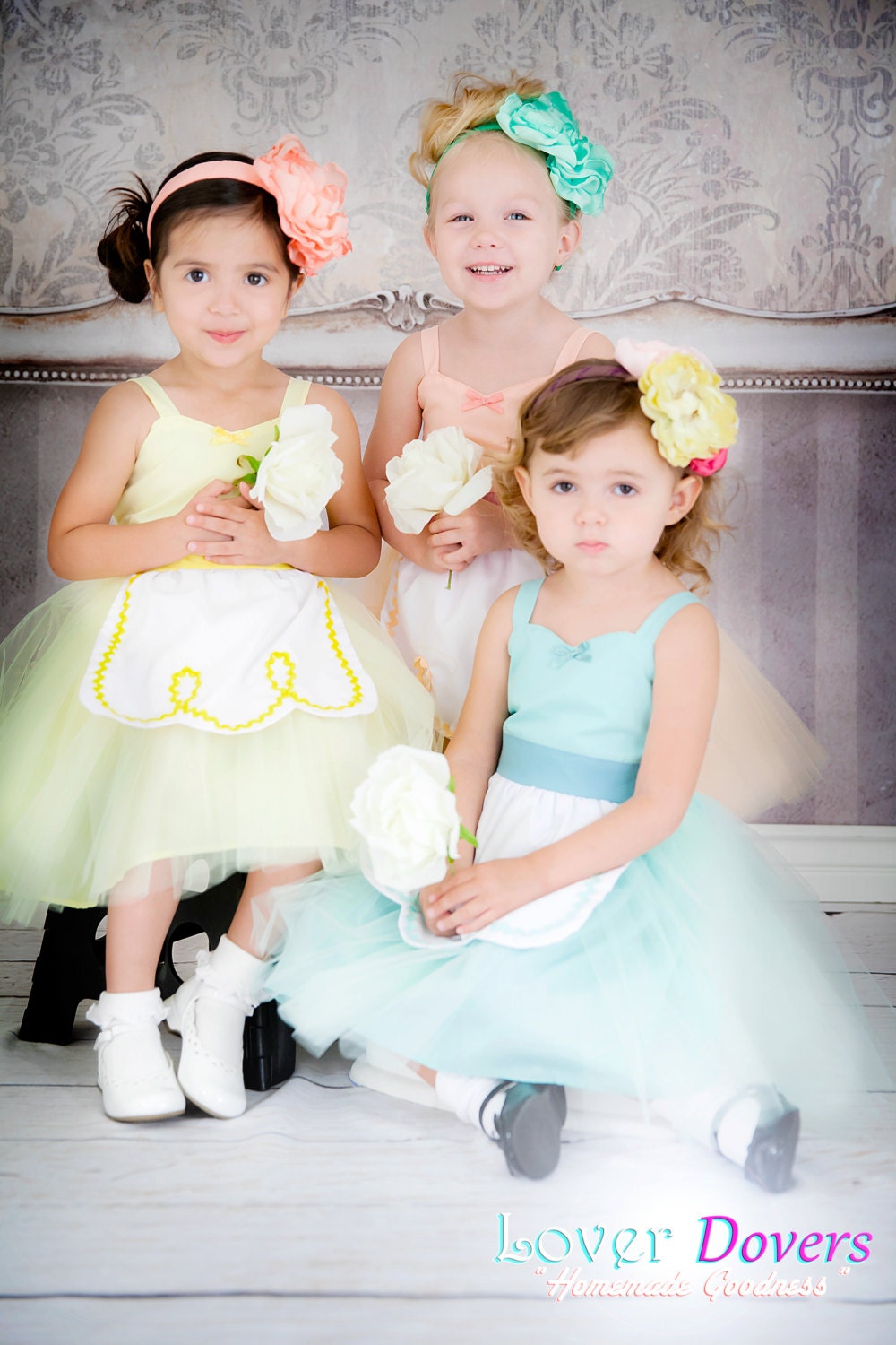 PARTY DRESS GIRLS tutu dress flower girl retro Apron dress for girls for tea party handmade wedding in mint green yellow and peach