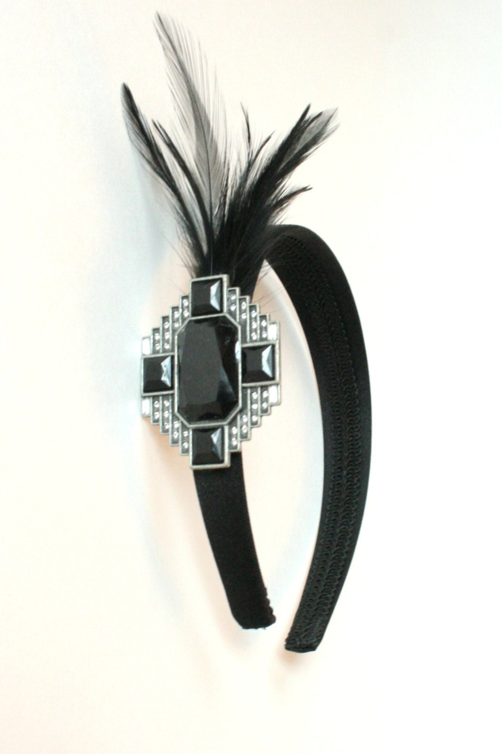 Art Deco Headband Gatsby Style Flapper Fascinator 1920s Style Feathers Black Rhinestones