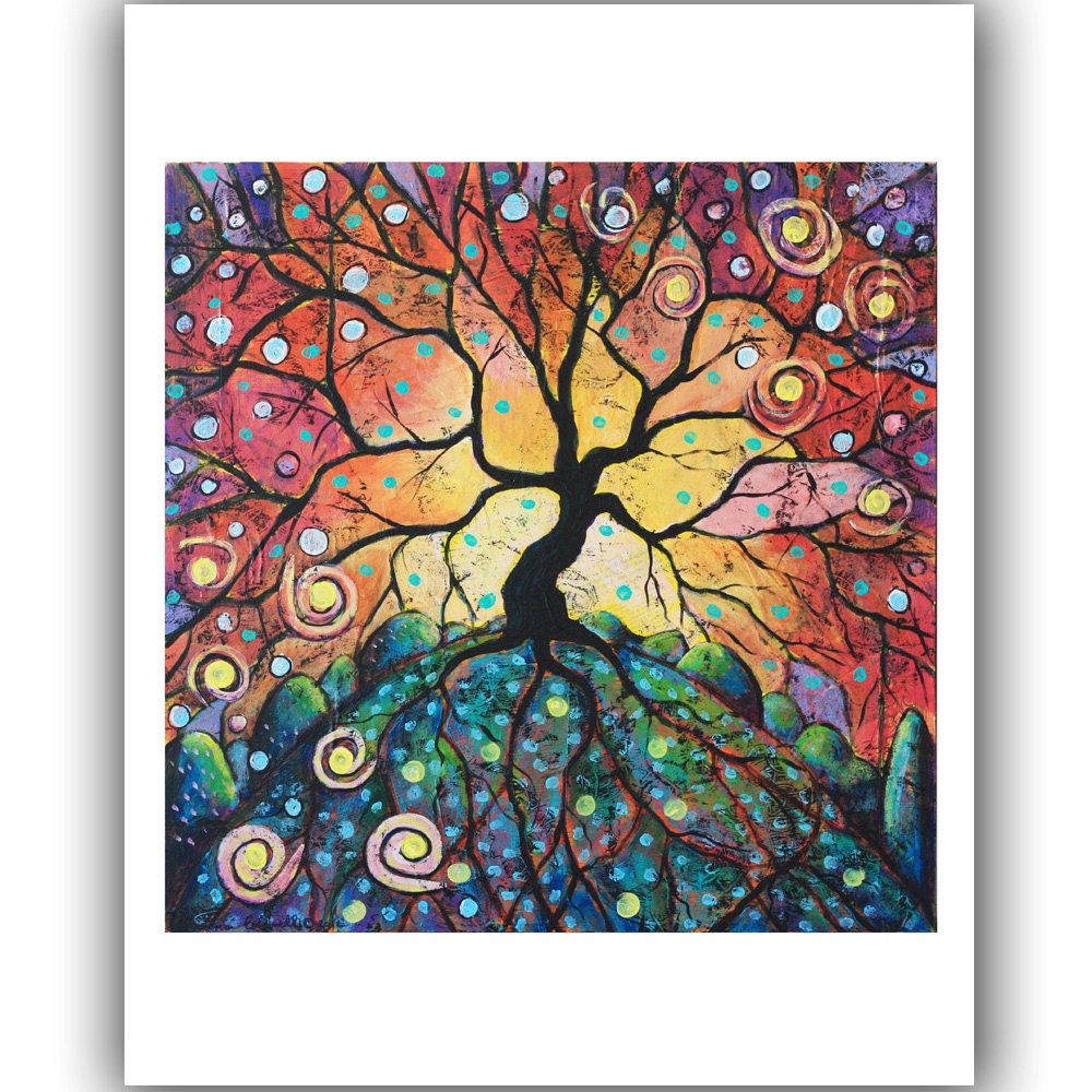 Fiery Tree of Life 10 x 10 inch Giclee Print Modern Contemporary Tree Art  Folk Painting