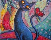 Contemplation, Original 18 x 24 Acrylic Painting on Canvas, Modern Contemporary Folk Art, Black Cat Red Monarch Butterfly, Home Decor