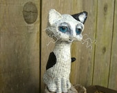 Moon, Maneki Neko, Kitty Cat, Paper mache paper clay hand painted OAAK primitive folk art figurine Re-Used plastic, Anime