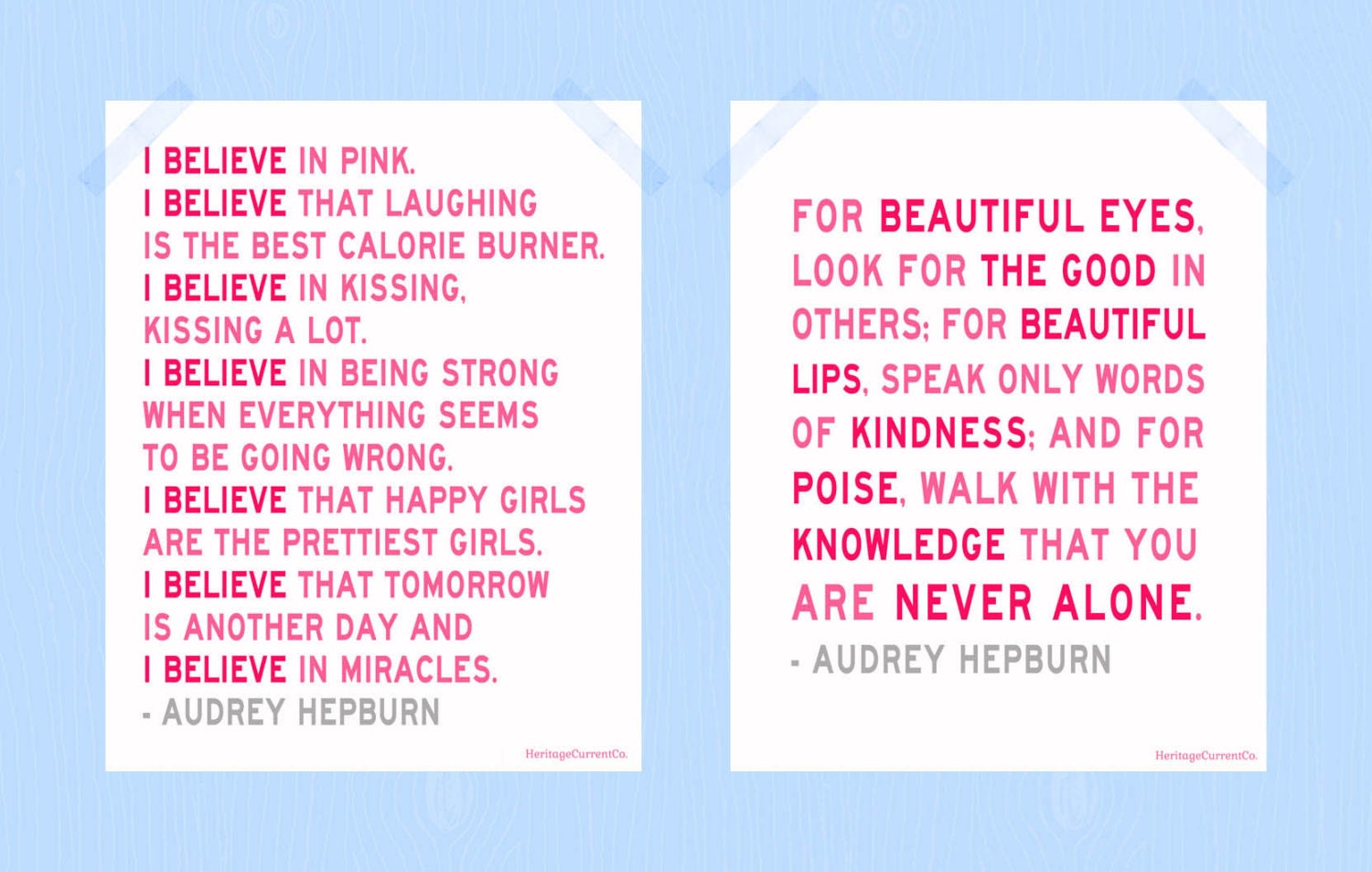 I Believe in Pink You Are Never Alone Digital Prints Set Audrey Hepburn Quote Prints 8 x 10