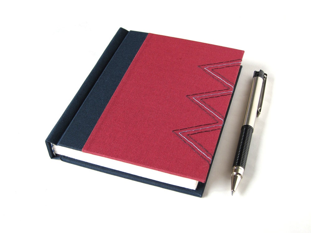 Embroidered Journal - Handbound - Abstract Design Embroidery - Red and Blue Stripes - Zig Zag Pattern