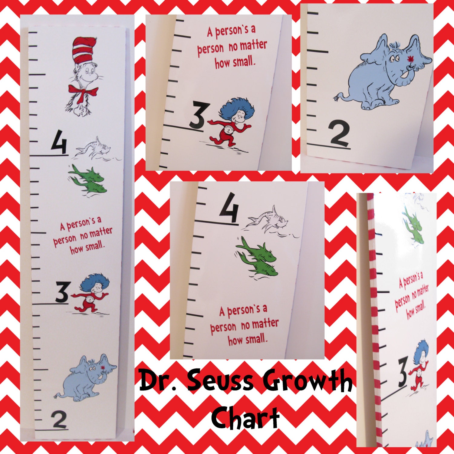 SALE Dr. Seuss Wooden Growth Chart Hand Painted Cat in the Hat Thing 1 One Fish Two Fish and Horton