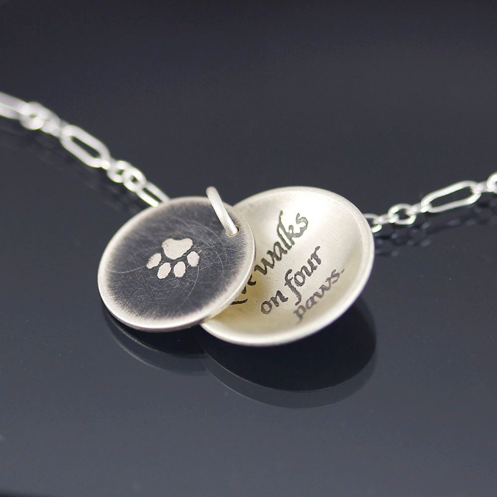 Paw Print/ Love Walks on Four Paws Necklace - Sterling Silver Inspirational Pet Lover Jewelry