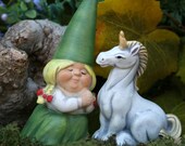 Woman Gnome & Her White Unicorn - Fairy Garden Art - Outdoor Decor