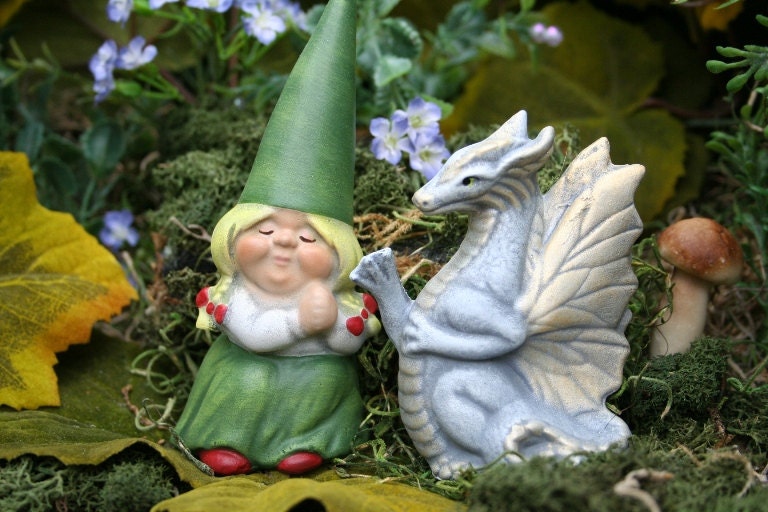Little Girl Garden Gnome & Her Pet Dragon - 2 Piece Set - Fairy Garden Concrete Art