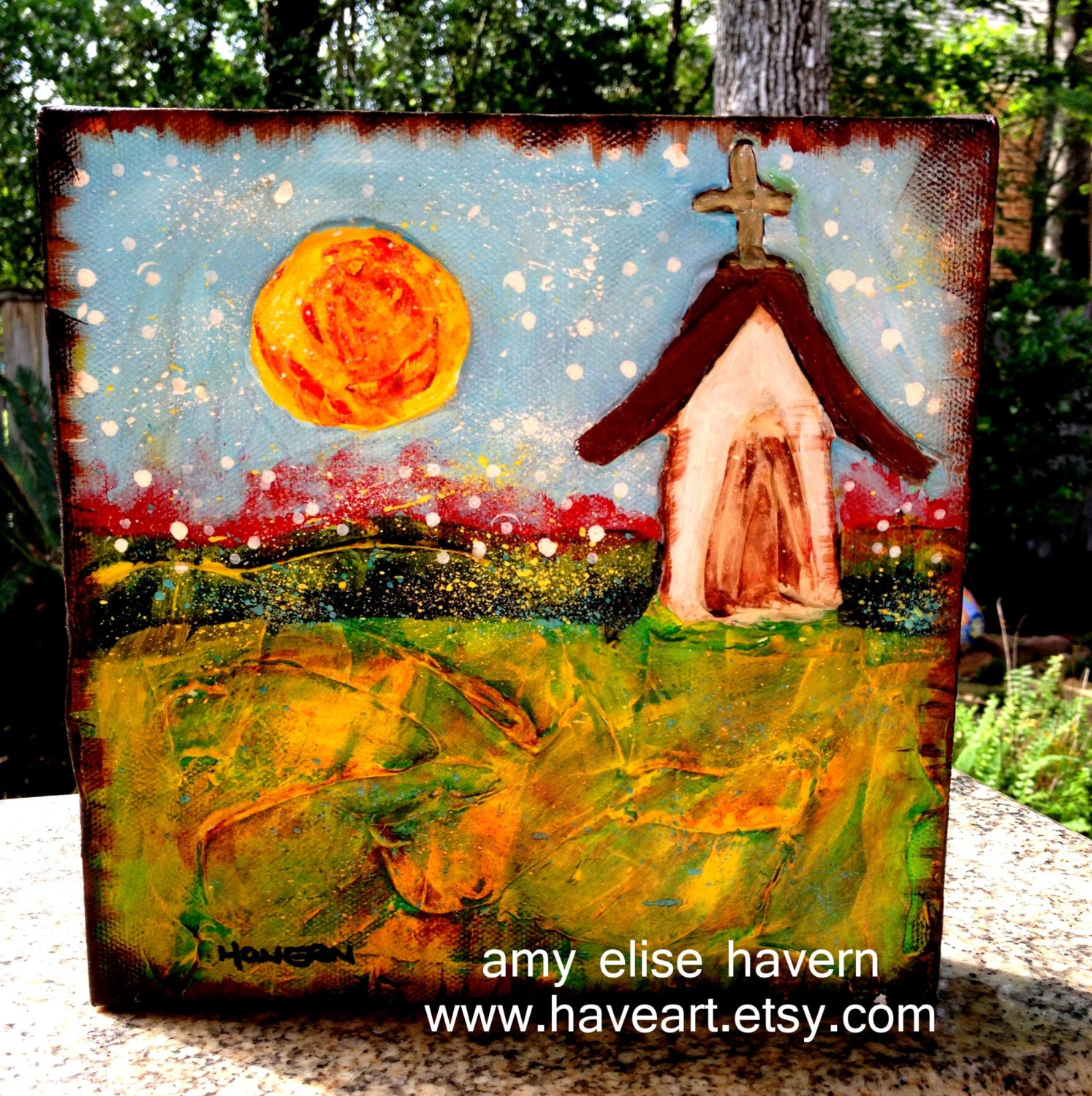 Blue Sky Textured Church original painting 8x8