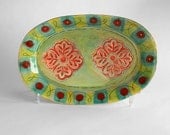 11 x 17 inch ceramic primitive flower stamp serving platter