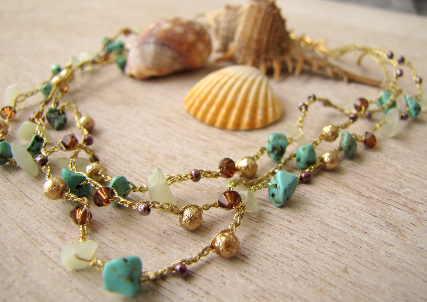 Crochet Necklace, Wrap Bracelet Bohemian jewelry, beach jewelry, boho chic, summer, turquoise, gold, rich