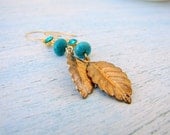 Earrings With Turquoise and Golden Leaf Gold Summer FREE SHIPPING
