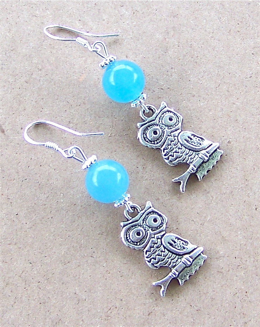 Silver Hooty Owl Earrings With Blue Chalcedony Gemstones