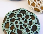 mint green crochet and dark wood brooch pin