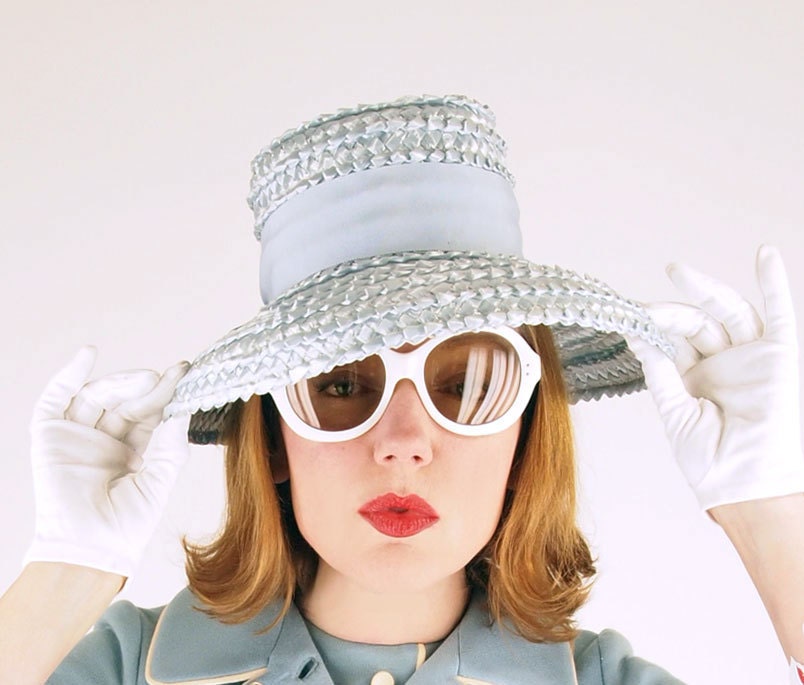 60s Glossy Light Blue Cello Straw Brimmed Hat with Grosgrain Bow