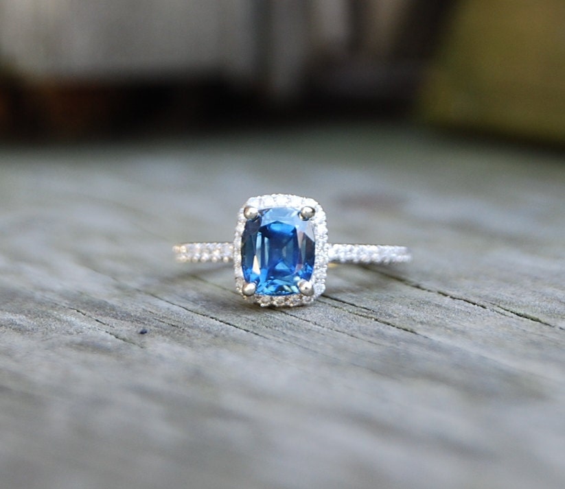 1.53ct Cushion cobalt blue sapphire diamond ring 14k white gold engagement ring