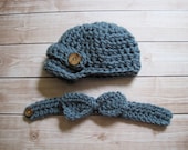 Crochet Baby Boy Hat, Baby Boy Bow Tie, Baby Hat and Bow Tie Set, Bowtie, Baby Newsboy Hat, Crochet Baby Hat, Newborn Hat, Photo Prop, Blue