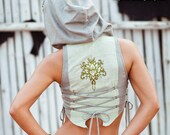 HOODIE LOTUS VEST - Cropped Waist coat - Fair trade Shabby Cottage chic linen silk - Sage green - Size M/Lg: Lv-Sg-2