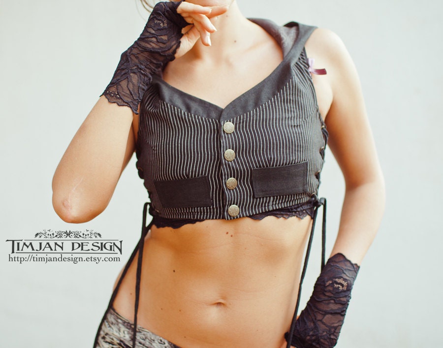 HOODIE LOTUS VEST - Cropped Waist coat - Hippie Faery Pixie Steampunk Steam punk - Black White Pinstripe - Size xs/s: Lv-K-1