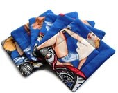 Handmade Quilted  Coasters set of 6 Biker Girls Body Parts in Blue Alexander Henry