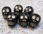 6 Black Peruvian Ceramic Skull Beads with White Features and Large Vertical Holes 13mm