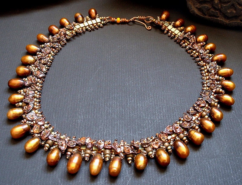 Godiva - Original, One-of-a-kind Beadwork Pearl Necklace by Michelle Bush