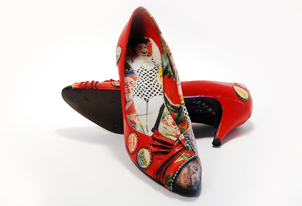 Handpainted Vintage Pumps, Signed, Red, Statement, 5 1/2 OOAK by Pop Modern Artist, Jenny Berry