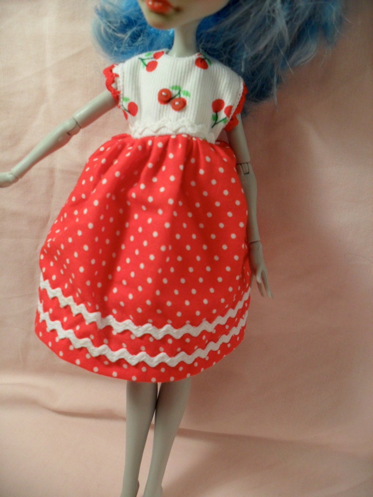 Monster High Doll DRess- Cherry top with red skirt ,white rick rack