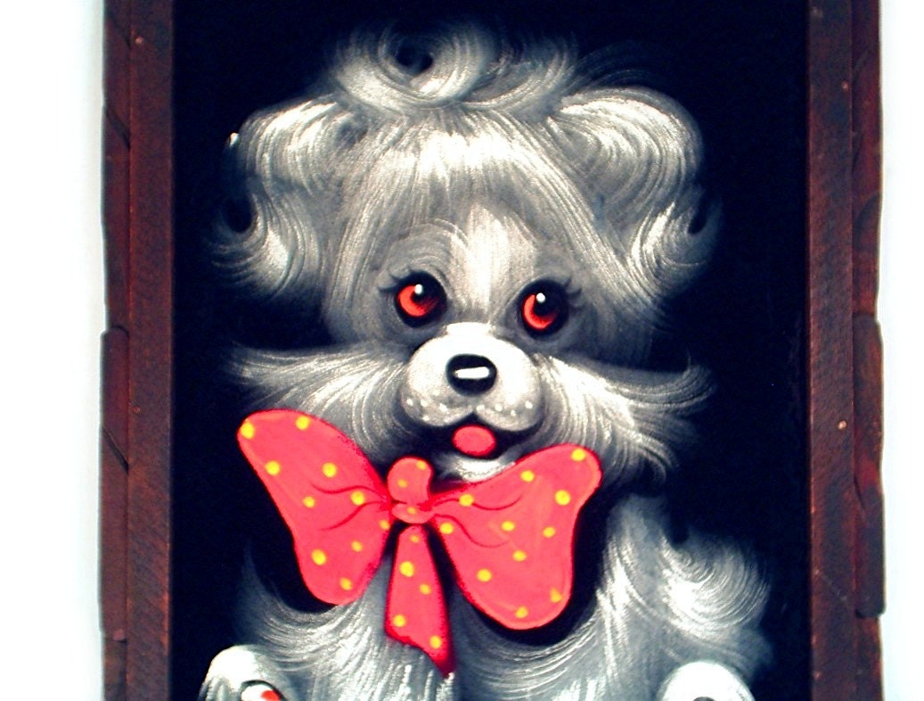 60's vintage velvet painting LiL white MUTT dog kitsch retro wall hanging