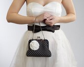 Evening Bag- Bridesmaids Gifts- Wedding Clutches- Black and White POLKA DOT Clutch with White Flower Brooch