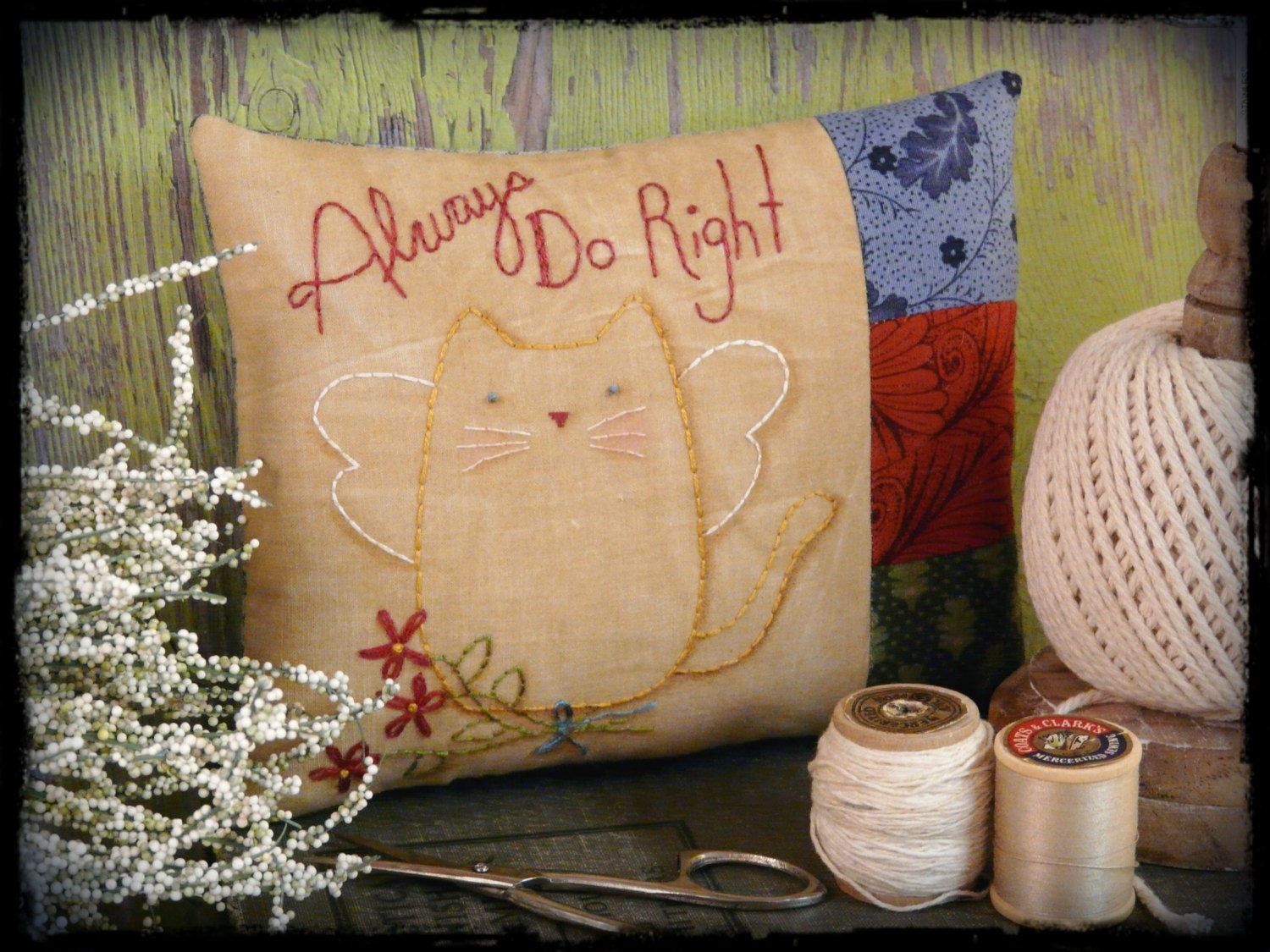 Always do right cat angel embroidery PDF Pattern - stitchery kitty primitive pillow bed flowers pin cushion