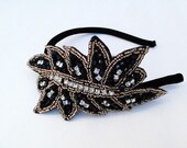 Black Beaded Headband, Crystal Rhinestone Head Piece, Gold Beaded, 1920s Flapper Style, Hair Accessory, Fascinator, Batcakes Couture